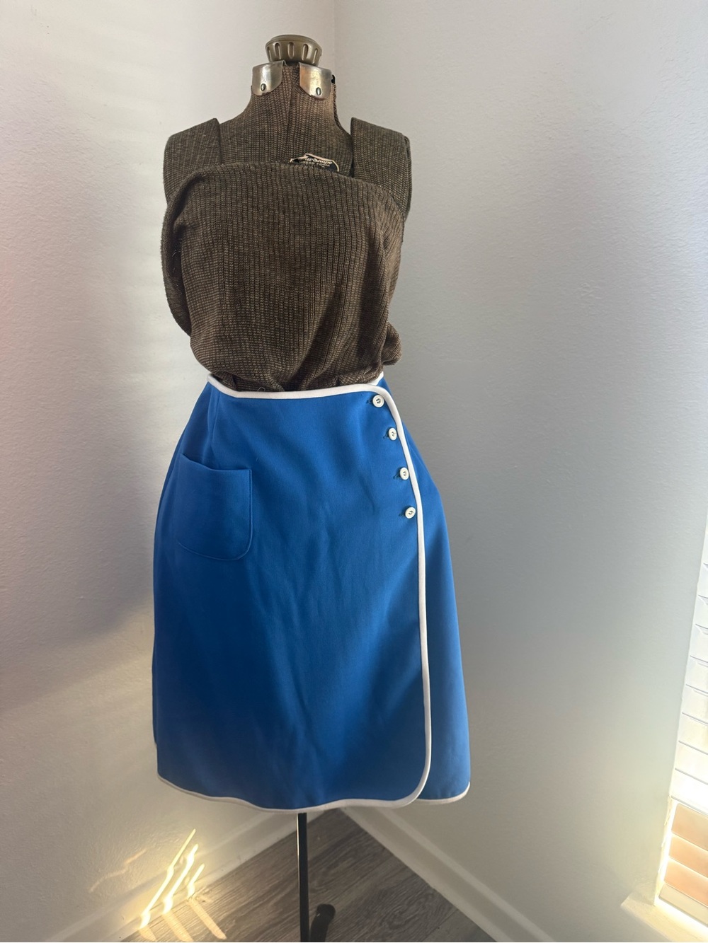 American Vintage Blue Wrap Skirt with White Piping
